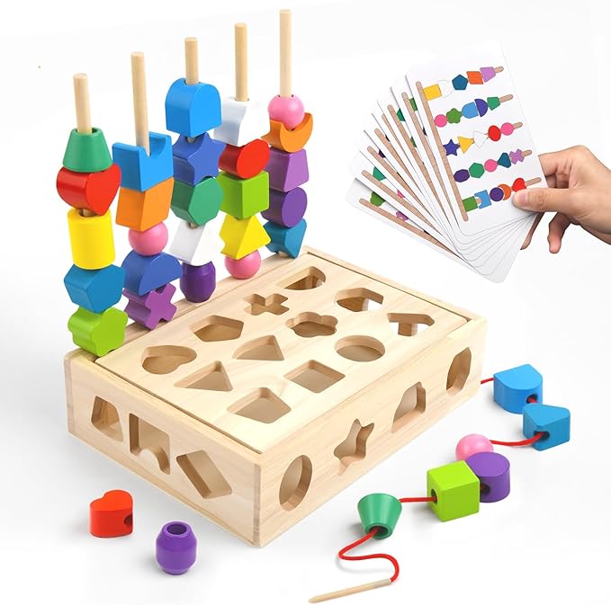 3 in 1 Wooden Color Sorting Stacking Toys, Montessori Toys Geometric Shape Sorter Matching Lacing Beads Sequencing Toy Set Preschool Learning Fine Motor Skills for Toddlers 3 4 5 Years-CubbioJoy