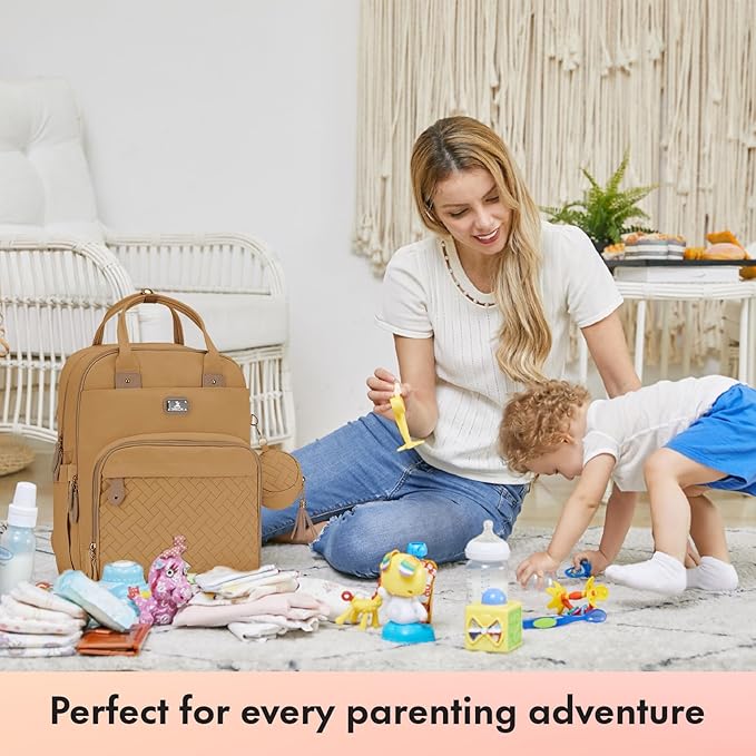 Dikaslon Diaper Bag Backpack with Portable Changing Pad, Pacifier Case and Stroller Straps, Large Unisex Baby Bags for Boys Girls, Multipurpose Travel Back Pack for Moms Dads, Tan-CubbioJoy