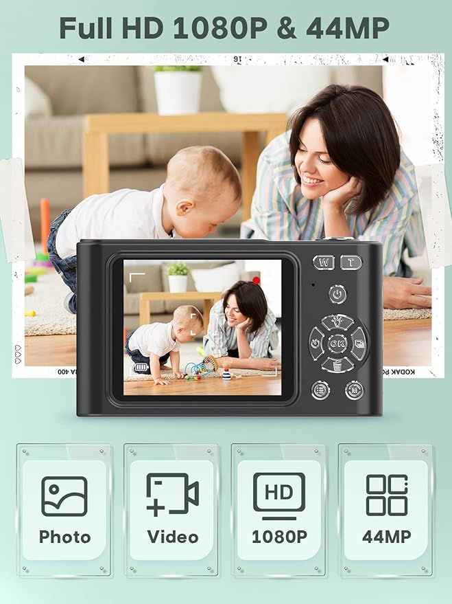 Digital Kids Camera 1080P Vlog Camera with 64GB, Lanyard, 16X Zoom Anti Shake, Card Reader 44MP Compact Portable Point Shoot Digicam for Kid Teen Girl Boy Christmas Halloween Thanksgiving(Black)-CubbioJoy