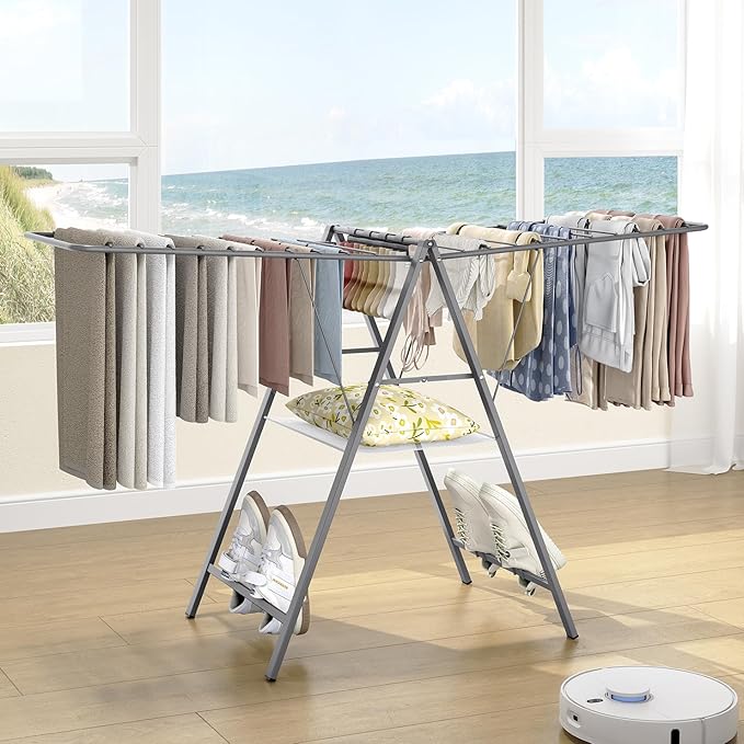 APEXCHASER Clothes Drying Rack Foldable, Metal Laundry Drying Rack Collapsible, Portable Compact Clothes Rack for Sweater Baby Clothes Towel Indoor & Outdoor, Height Adjustable Clothes Airer, Grey-CubbioJoy