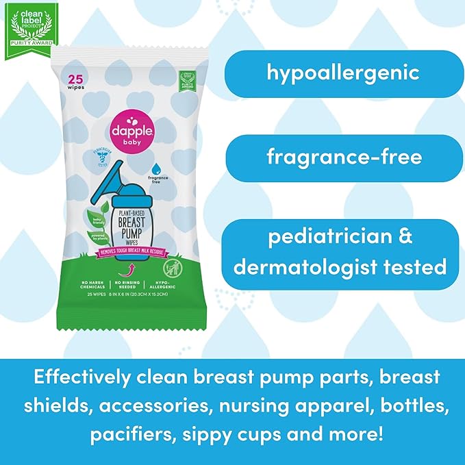 Breast Pump Wipes by Dapple Baby, Hypoallergenic & Powered by Plants, Removes Milk Residue, Leaves No Taste, Convenient Wipes Pouch, Fragrance Free, 25 Count (Pack of 1)-CubbioJoy