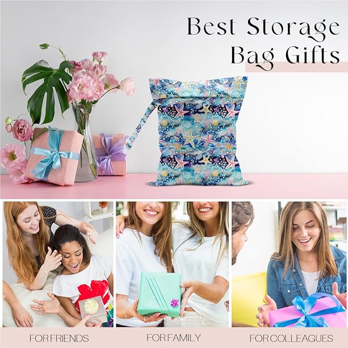 Wet Bag for Swimsuit, Beach Travel Essentials Wet Dry Bag, for Sunscreen Toiletry Dirty Clothes Yoga Gym Diaper, Friends Summer Beach Vacation Gifts. Colorful starfish coral-CubbioJoy