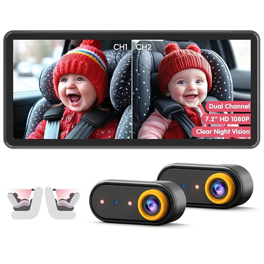BM5 PRO Baby Car Camera for 2 Kids, 7.2" 1080P Dual Channel Display for Car Seat, Easy Installation with 2 IR Night Vision Cameras, Rear Seat Safety for Babies and Pets-CubbioJoy