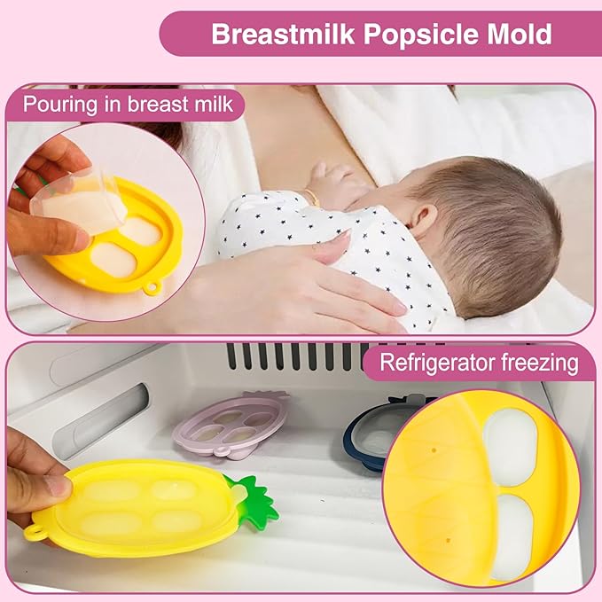 Baby Fruit Food Feeder - Silicone Nibble Tray Combo - Breastmilk Popsicle Mold for Cooling Relief, BPA Free Mesh Feeder for Infant Self Feeding (Claw Pink + Pineapple)-CubbioJoy