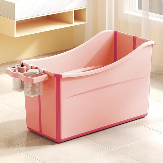 Collapsible Baby Bathtub Foldable Bathtub for Toddler Portable Large Foldable Bath Tub Bathtub for Kids Petite with Thermometer and Storage Basket (Pink)-CubbioJoy