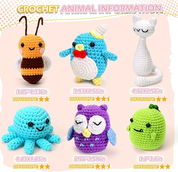 6 PCS Crochet Animal Kit –2026 DIY Amigurumi Crochet Kit for Beginners, Knitting Crochet Kit For Kids Adults , Knitting Kit with detailed videos tutorials, Yarn, Hook, Best Gift For Crochet Lovers-CubbioJoy