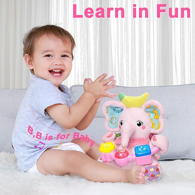Baby Elephant Musical Stuffed Animals Toy with Light-Up Music & Crinkle Sound Paper,Infant Bilingual Early Learning Education Toys,Tummy Time Toys for 0-3-6-12+ Months Boy Girl, Pink-CubbioJoy