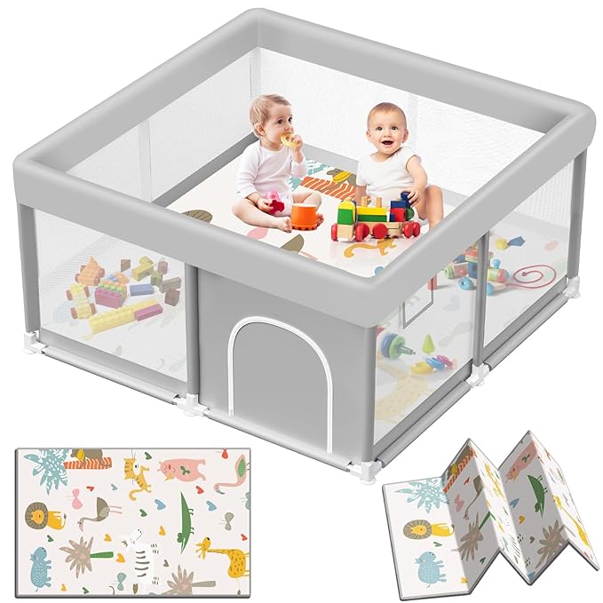 Baby Playpen with Mat, 50x50 inch Playpen for Babies and Toddlers with Mat, Baby Playard Safety Fence Active Center for Indoor-CubbioJoy