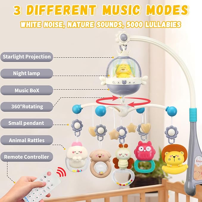 Baby Crib Mobile with Night Lights and Music,Hanging Mobile for Crib Bassinet with Rotation, Projection,Remote Control,Babies Crib Toys for Nursery Newborn Infant Boys Girls (Gray)-CubbioJoy