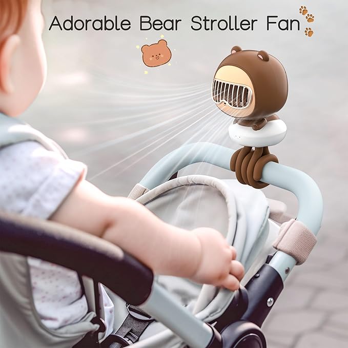 Cute Bear Stroller Fan Clip On for Baby, Portable Bladeless Fans 4 Speeds Oscillating, 4000mAh Rechargeable Battery Powered, Flexible Tripod Strong Cooling for Bedside Crib Car Seat-CubbioJoy