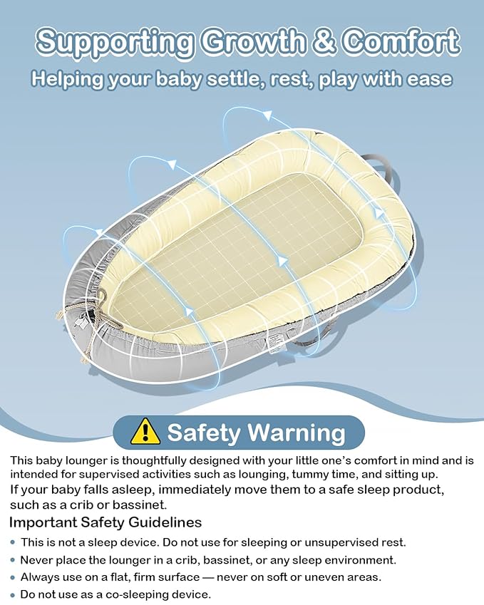 Baby Lounger - Infant Lounger for Newborn 0–26 Months, Waterproof Inner Cover and Pure Cotton Breathable Baby Nest Cover, Newborn Lounger for Baby Boys & Girls, Portable Lounger for Home and Travel-CubbioJoy