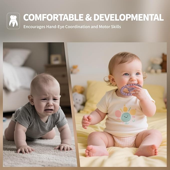 3 Pack Baby Teething Toys 3-6 Months, Silicone Ring Teethers for Babies 6-12 Months, Freezer Safe Chew Toy with Textured Grip for Boys Girls Teething Relief, Infant Easter Gift (Clay DustyRose Brown)-CubbioJoy