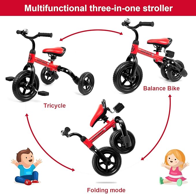 Ancaixin 3 in 1 Toddler Tricycles for 2-5 Years Old Boys and Girls with Detachable Pedal and Bell | Foldable Baby Balance Bike Riding Toys for Kids | Infant Birthday New Year Red-CubbioJoy