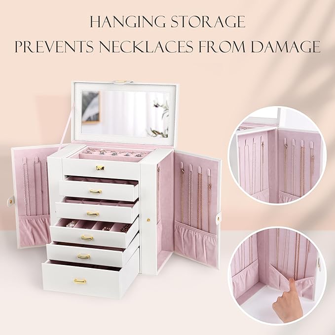 Kendal Extra Large Jewelry Box Jewelry Case PU Leather 6 Tier 5 Drawers Large Storage Capacity with Mirror Jewelry Storage Organizer Great Gift Also Good For Watches LJC-SHD5CM(White)-CubbioJoy
