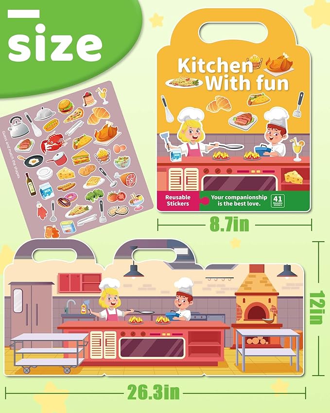 Benresive Reusable Sticker Book for Toddlers 2-4 Years, Fun Travel Stickers for Kids, Waterproof Sticker Books for Toddlers 1-3, Crafts Activities for Todddlers 1-3 2-4 3-5 - Kitchen-CubbioJoy