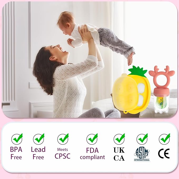 Baby Fruit Food Feeder - Silicone Nibble Tray Combo - Breastmilk Popsicle Mold for Cooling Relief, BPA Free Mesh Feeder for Infant Self Feeding (Deer Pink + Pineapple)-CubbioJoy