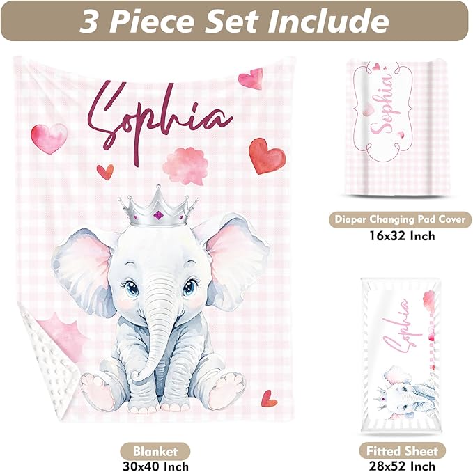 Custom Name Crib Bedding Set - Elephant Theme, Personalized Pink Checkered Nursery Bedding 3-Piece Set– Soft Blanket, Fitted Sheet, Changing Pad Cover – for Newborns Girls Nursery Gifts-CubbioJoy