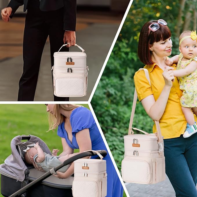 Insulated Breastmilk Cooler Bag with Ice Pack - Holds 6x9oz Bottles, Leakproof Double Layer, Adjustable Strap for Nursing Moms, Daycare & Travel,Pearl White-CubbioJoy