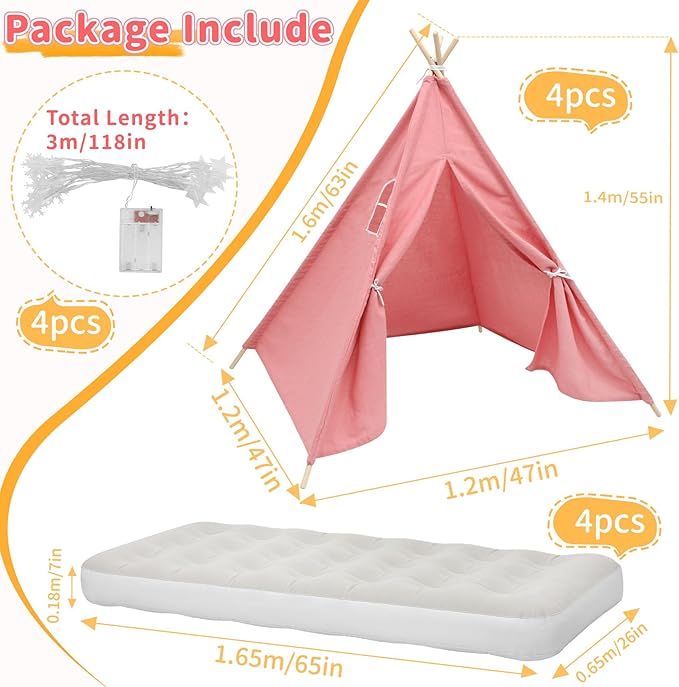 4 Pack Teepee Tent for Kids with Light String and Inflatable Airbed, Slumber Party Tents, Sleepover Tents Party for Girls Boys Indoor Outdoor (Pink)-CubbioJoy