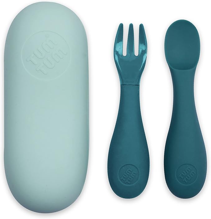 Baby Cutlery with Case, Baby Spoon & Fork Set, Baby Cutlery for Babies, First self Feeding Cutlery, Silicone Baby Spoon & Fork, 6 Months Plus, (Blue)-CubbioJoy