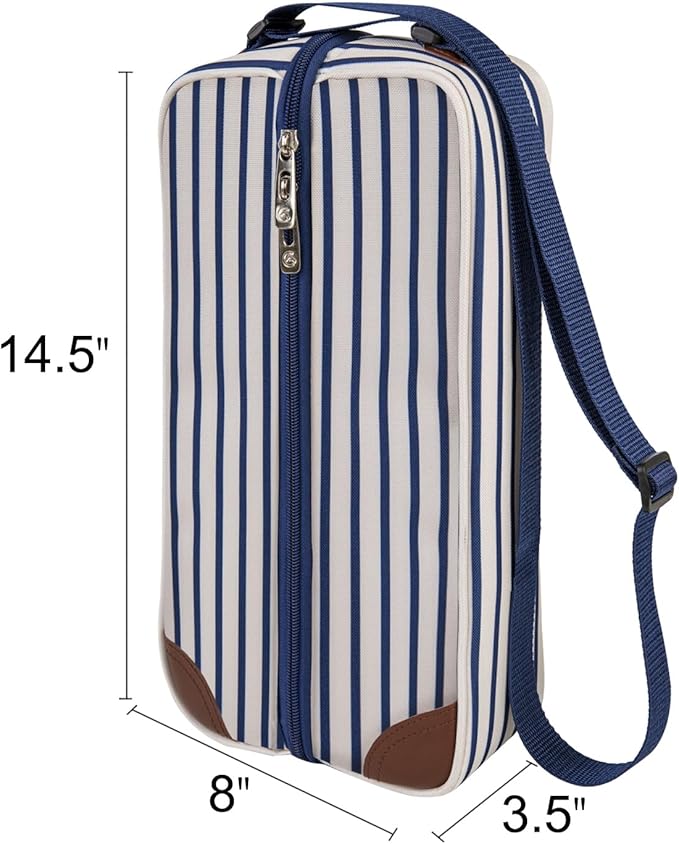 ALLCAMP Wine Tote Bag with Cooler Compartment，Picnic Set Carrying Two Sets of Tableware（Blue Stripe）-CubbioJoy