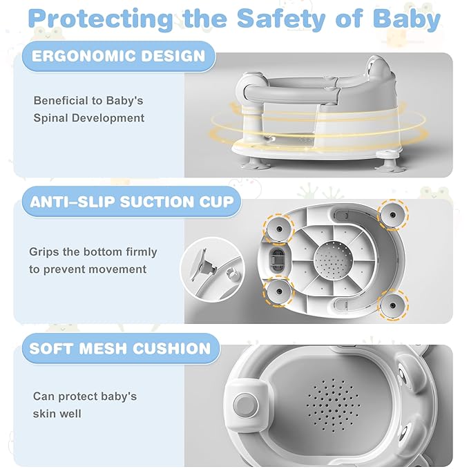 Baby Bath Seat for Babies 6 Months & up Non-Slip Toddler Bath Seats for Sitting Up Infant Bathtub Chair with Suction Cups and Soft Cushion for Baby Shower Tub Seat-CubbioJoy