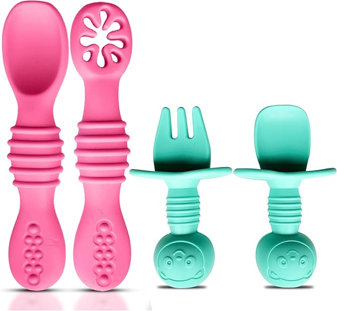 4pc Silicone Baby Spoons Self Feeding Baby Utensils 6-12 Months - 3 Baby Spoon - 1 Baby Fork - Toddler Cutlery Set - BPA Free, Dishwasher Safe - Baby Eating Essentials (Pink/Blue)-CubbioJoy