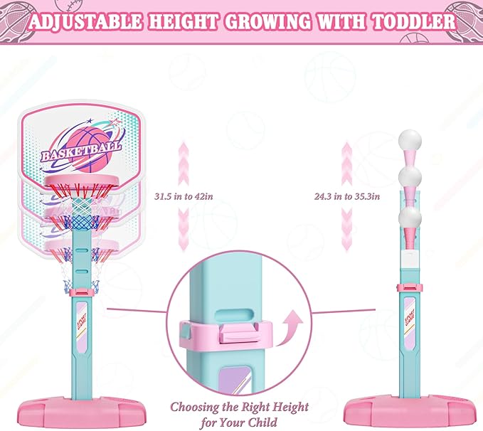 3 in 1 Basketball Hoop and Tee Ball Set for Girls: Baseball Tee with Automatic Pitching Machine Adjustable Height Outdoor and Indoor Sports Toys Christmas Birthday Gift for Kids Age 1-8 Year Old Pink-CubbioJoy