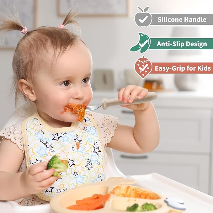 DRKIO 8 Pieces Toddler Forks Set - Baby Forks with Silicone Handle Children safe 18/8 Stainless Steel Toddler Utensils Set for Self Feeding Kids Silverware Anti-Choke Design Food Grade Dishwasher Safe-CubbioJoy