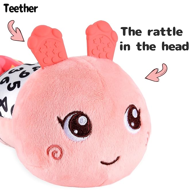 Infant Baby Musical Stuffed Animal Activity Soft Toys with Multi-Sensory Crinkle, Rattle and Textures for 0-3-6-12 Months Developmental Toys, Caterpillar, Pink-CubbioJoy