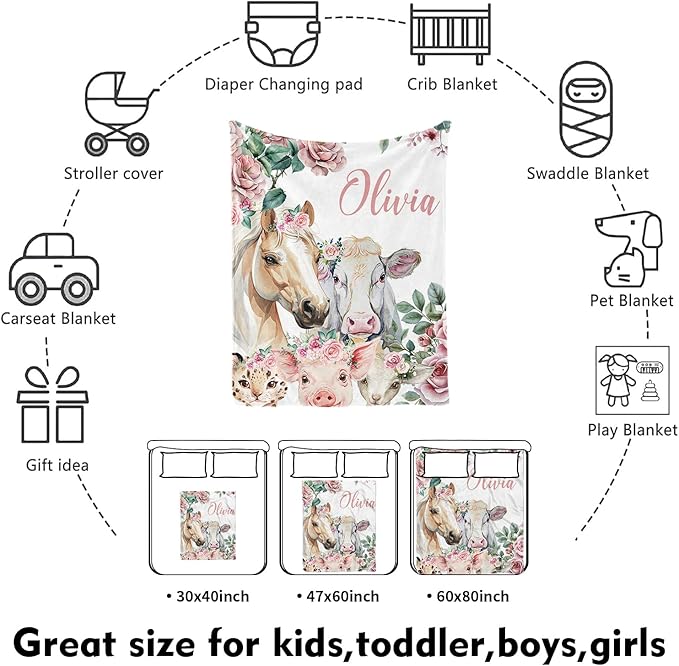 Custom Nursery Crib Bedding Set: Personalized Name 4 Piece Flower Horse Design Baby Crib Sets for Girls - Toddler Double Layer Blanket Set, Comfortable Crib Bed Sheets for Baby Toddlers-CubbioJoy