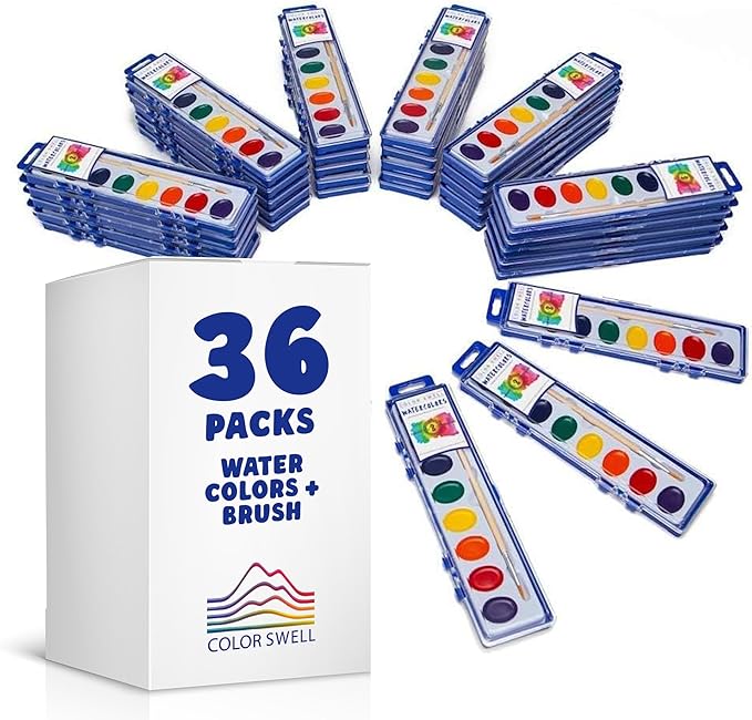 Color Swell Bulk Watercolors Paint Pack with Wood Brushes - 36 Sets with 8 Washable Colors Each - Perfect for Kids, Classrooms, Parties, Students, Donations, Party Favors, All Ages-CubbioJoy