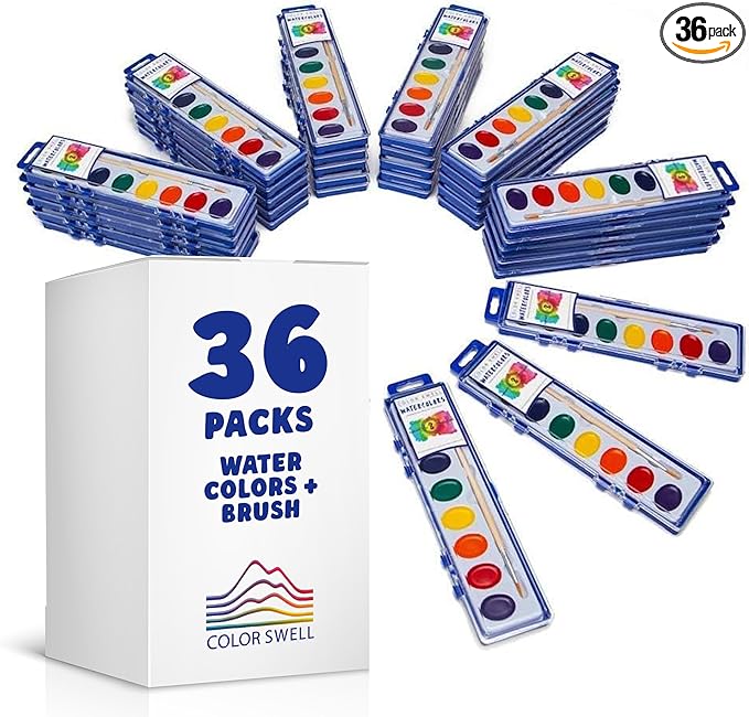Color Swell Bulk Watercolors Paint Pack with Wood Brushes - 36 Sets with 8 Washable Colors Each - Perfect for Kids, Classrooms, Parties, Students, Donations, Party Favors, All Ages-CubbioJoy