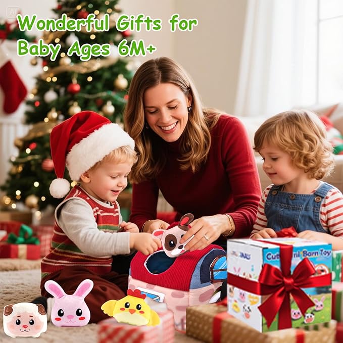 Baby Toys 6-12 Months, Soft Barn Toy with 6 Stuffed Farm Animals, Rattle, Crinkle, Mirror, Sensory Toys for Toddlers 1-3, 6 7 8 9 10 Month Old Baby Toys, Montessori Toys Gift for 1 Year Old Boy Girl-CubbioJoy