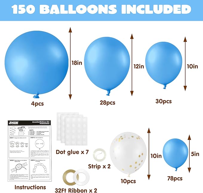 JOYIN 150 Pcs Light Blue Balloons, Different Sizes 18 12 10 5 Inch Light Blue Latex Balloon Arch Kit with Instruction for Birthday Party Graduation Wedding Holiday Decoration-CubbioJoy