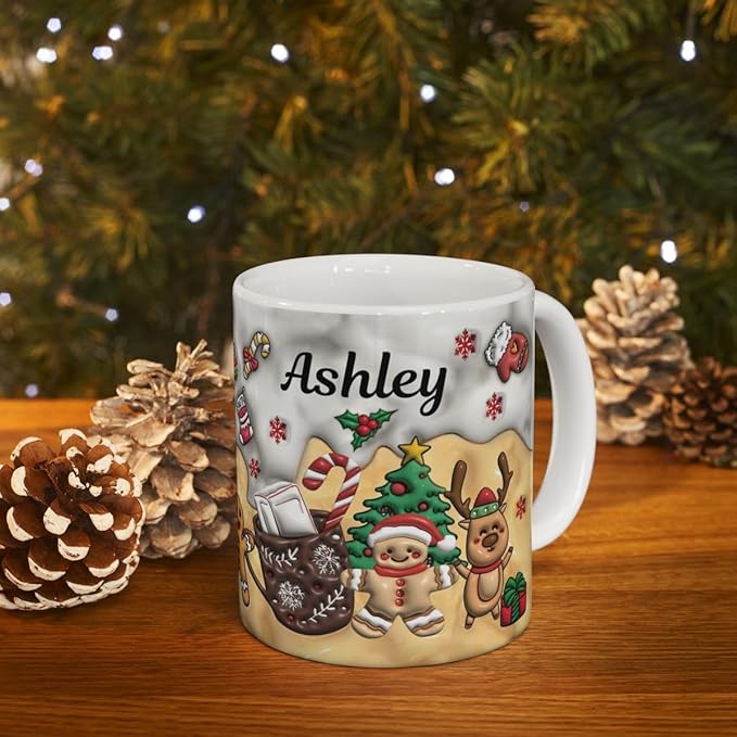 Custom 3D Effect Christmas Mugs with Names, Santa Claus Coffee Mug, Personalized Reindeer Accent Mug Christmas Gifts For Women Men Friends Family Gingerbread Man Mug 11 or 15 Oz-CubbioJoy