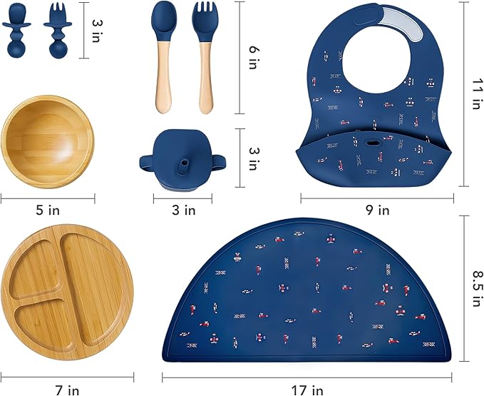 Bamboo Baby Feeding Set for Infants & Toddlers - Baby Essentials, Non-Toxic, Sustainable, Bamboo Suction Plate & Bowl, Bib, Sippy Cup w/Lid & Straw, Perfect Baby Shower Gifts (Midnight Blue)-CubbioJoy