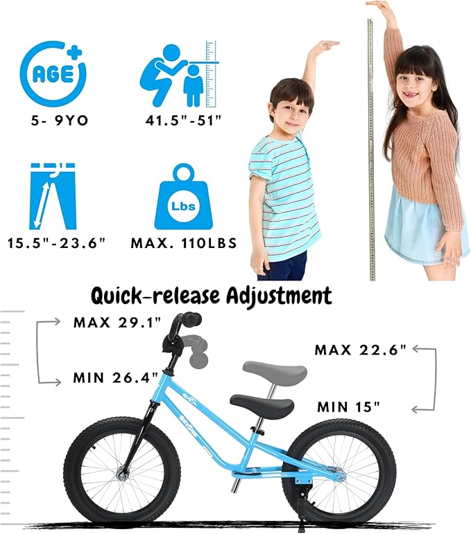 16 Inch Kids Balance Bike for 5-8 Year Old, BMX Kids Bike with No Pedals, Air Rubber Tires, Footrests, Adjustable Height for Big Kids, Boys, Girls-CubbioJoy