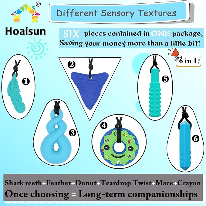 Chew Necklaces for Sensory Kids, 6 PCS Sensory Chew Necklaces for Boys Girls with ADHD, SPD, Autism, Chewing Needs, Silicone Chewy Necklaces Chew Toys for Adults Used for Reliving Anxiety and Stress-CubbioJoy