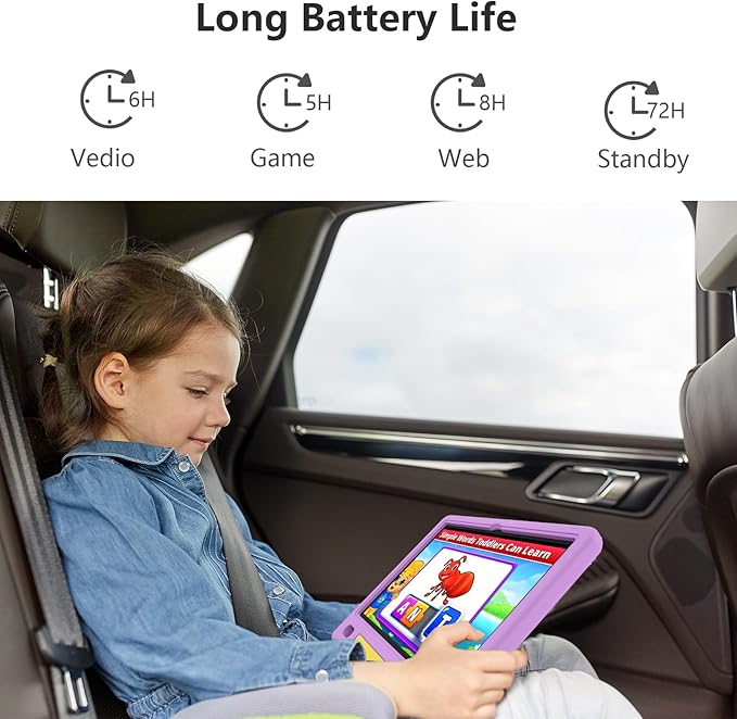 JREN Kids Table 10.1" ｜Android 14 Tablet for Kids｜64GB Storage｜Octa-Core｜WiFi ｜Cameras｜Parental Control｜Kids Content｜Case Included Great Gift for Children Ages 3-12 Years Old Purple-CubbioJoy