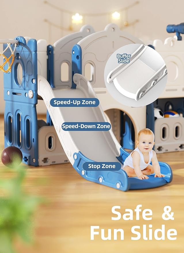 8 in 1 Toddler Slide and Climber Playset Indoor Outdoor Kids Slide with Basketball Hoop,Telescope, Storage Space, Freestanding Backyard Playground for Toddler Age 1-3, Blue-CubbioJoy