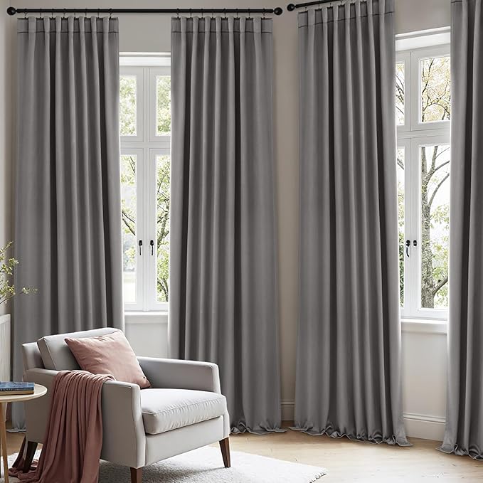 ANRODUO Back Tab Blackout Curtains for Bedroom Living Room, Rod Pocket Pinch Pleated Thermal Insulated Room Darkening Curtains 92 Inches Long 2 Panels, Grey, 42 x 92 Inch-CubbioJoy