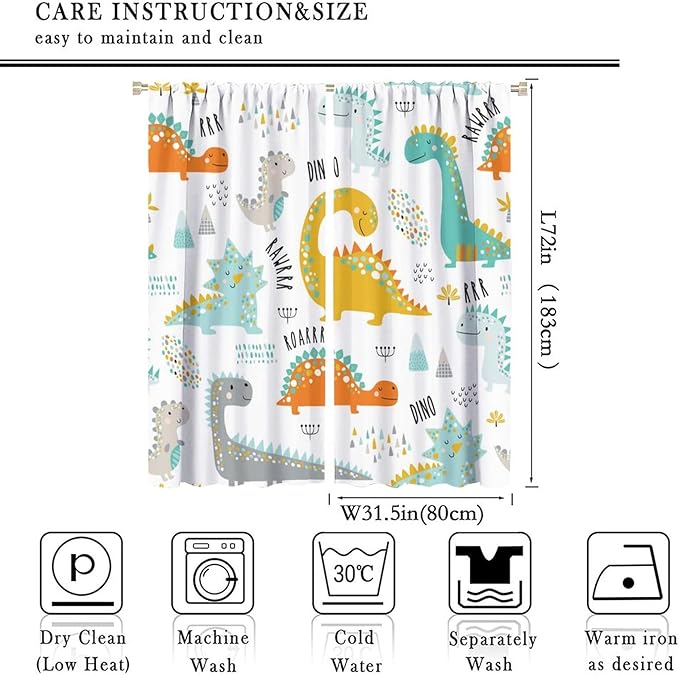 Dinosaur Curtains for Kids Boys Girls Home Decor Childish Cute Dino Animals Print Pattern Rod Pocket Blackout Window Drapes for Nursery Baby Bedroom Playroom W31.5xL72in 2 Panels-CubbioJoy