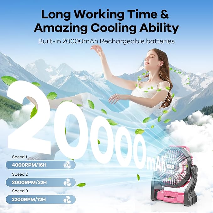 20000mAh Portable Battery Powered Camping Fan - with LED Light, Quiet Battery Operated, Camping Gear for Travel, Tent, Beach, Car or Hurricane Power Outages, Pink-CubbioJoy