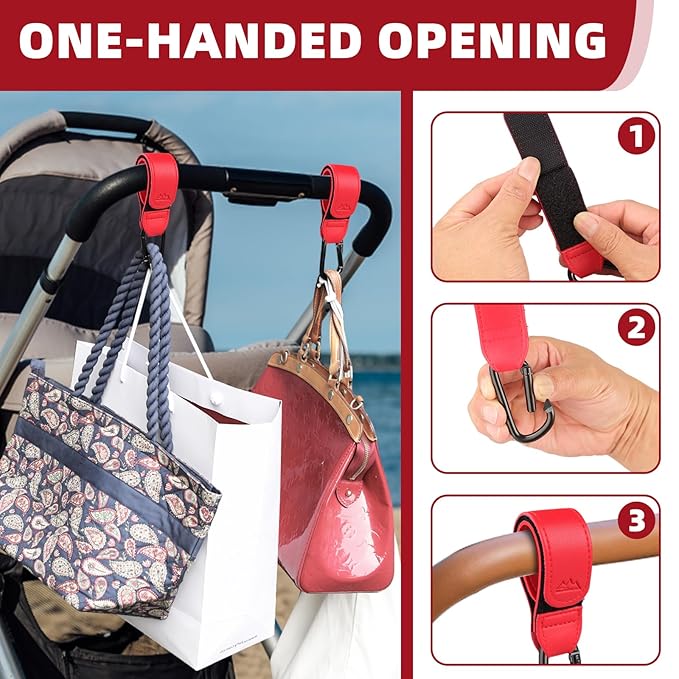 Baby Stroller Hooks Bag Hooks for Hanging Diaper Bags Multipurpose Hooks for Grocery Shopping Bags Premium Vegan Leather Pram Straps 2 Pcs (red)-CubbioJoy
