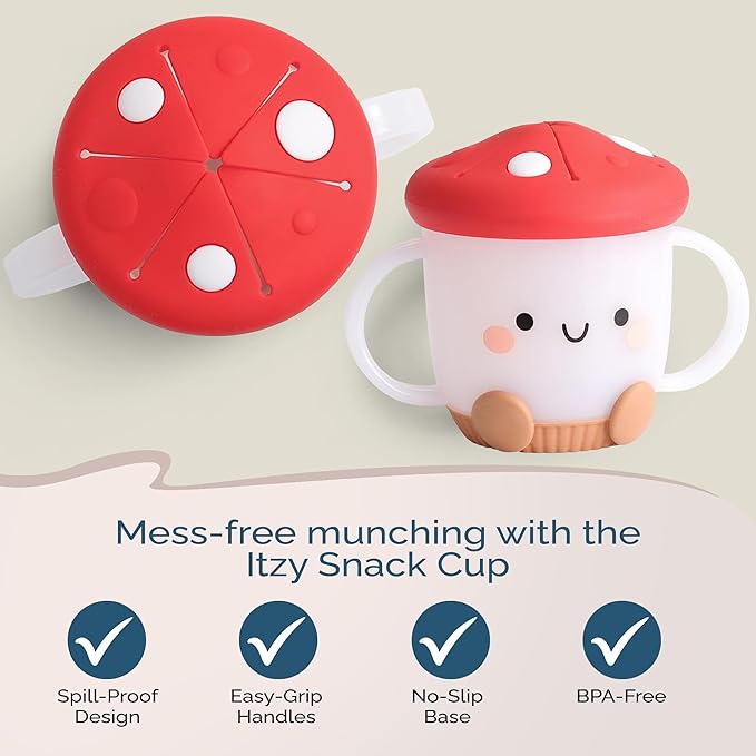 Itzy Ritzy Toddler Snack Cup - Spill-Proof Snack Cup for Toddlers with Soft Silicone Lid for Easy Food Access - Easy-To-Hold Kids Snacks Container With Handles - Ideal for 12 months & Up (Mushroom)-CubbioJoy