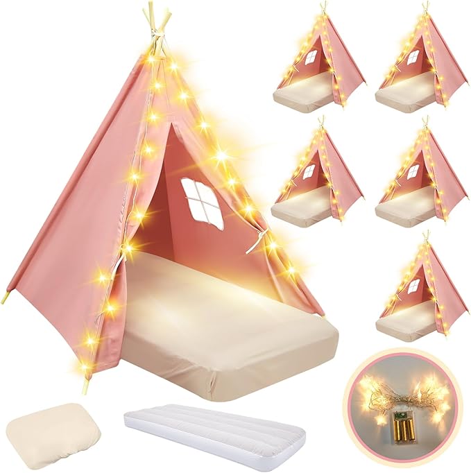 6 Pack Sleepovers Teepee Tent for Kids Bulk with Mattress Sheet Light,Natural Cotton Washable Indoor Play Tent for Birthday Slumber Party Girls Boys Pajama Movie Night Supplies(Pink)-CubbioJoy
