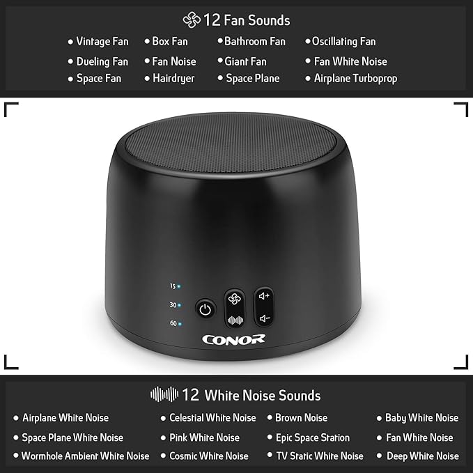 Conor White Noise Machine, Sleep Sound Machine - 24 High Fidelity Soothing Fan & White Noise Sounds, Timer & Memory Feature, Portable Office Privacy or Travel Sleep Therapy for Baby, Kids, Adults-CubbioJoy