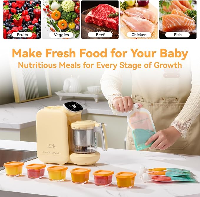 Chefhandy Baby Food Maker, Steamer & Blender with Stainless Steel Basket, Puree Maker with Auto/Manual Blend, Bottle Warmer & Sterili-zer, Safe & Easy-to-Clean Compact Baby Food Processor (Yellow)-CubbioJoy