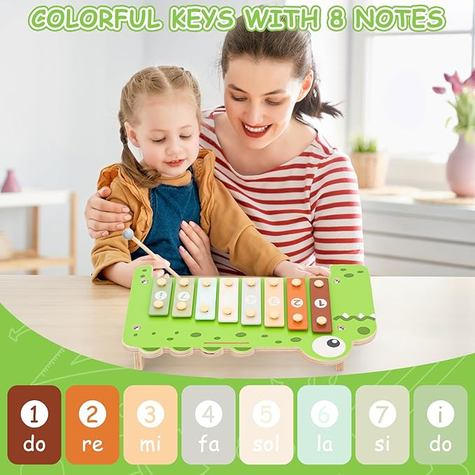 Baby Piano Xylophone Musical Toys - 2 in 1 Wooden Montessori Crocodile Toys for Toddler Kids, 8 Multicolored Key Keyboard Instruments, Preschool Educational Musical Learning Toy for Girls Boys-CubbioJoy